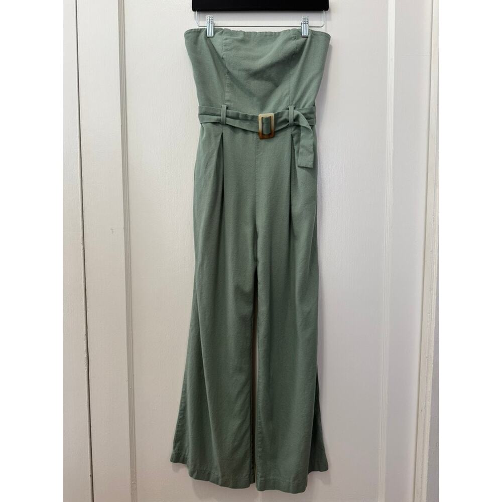 Monteau LA Sage Green Strapless Wide Leg Belted Linen Blend Jumpsuit Size Med